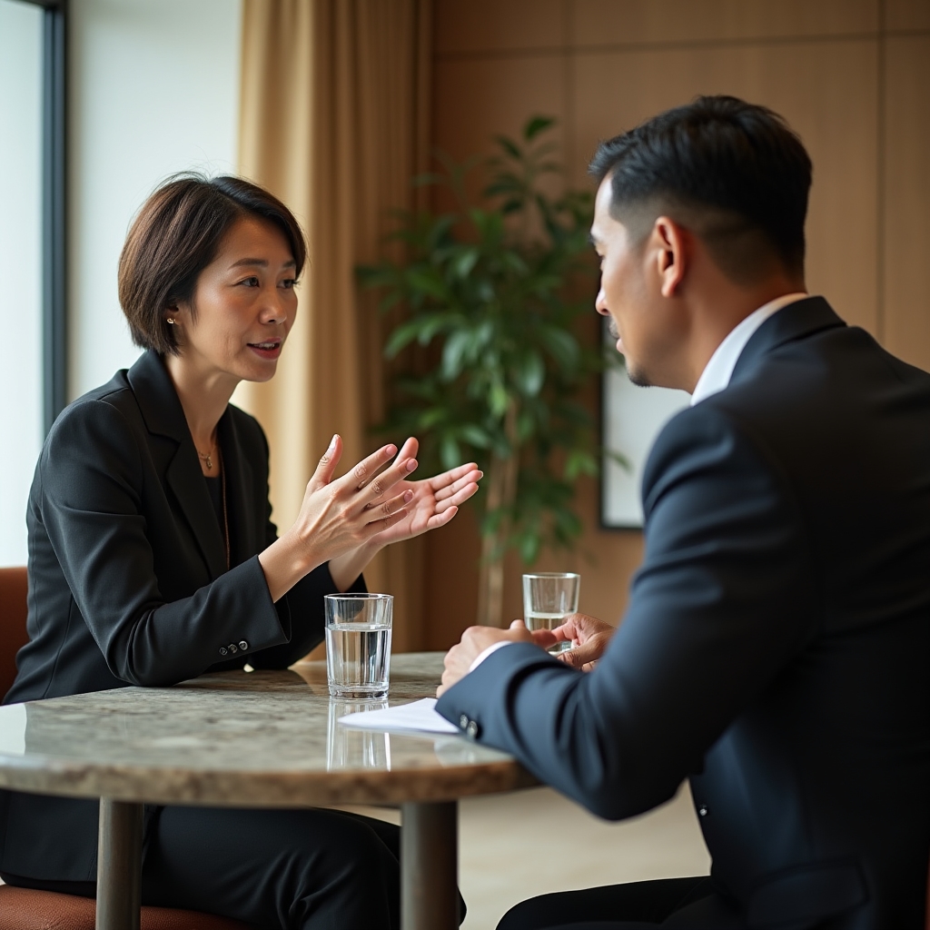 Coppia di manager in esercizio di ascolto attivo, uno parla e l'altro ascolta con attenzione totale