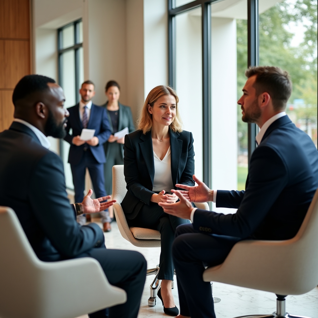 Due manager in role-play di mediazione del conflitto con facilitatore in sala formazione