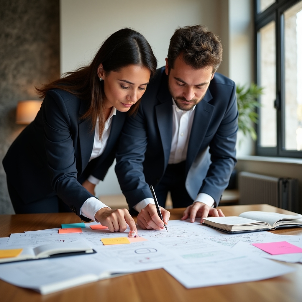 Due fondatori di Qyxivlixhub in discussione attorno a un tavolo con materiali formativi