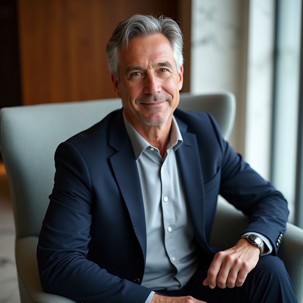 Coach di leadership Qyxivlixhub, uomo maturo con espressione riflessiva e abbigliamento business casual