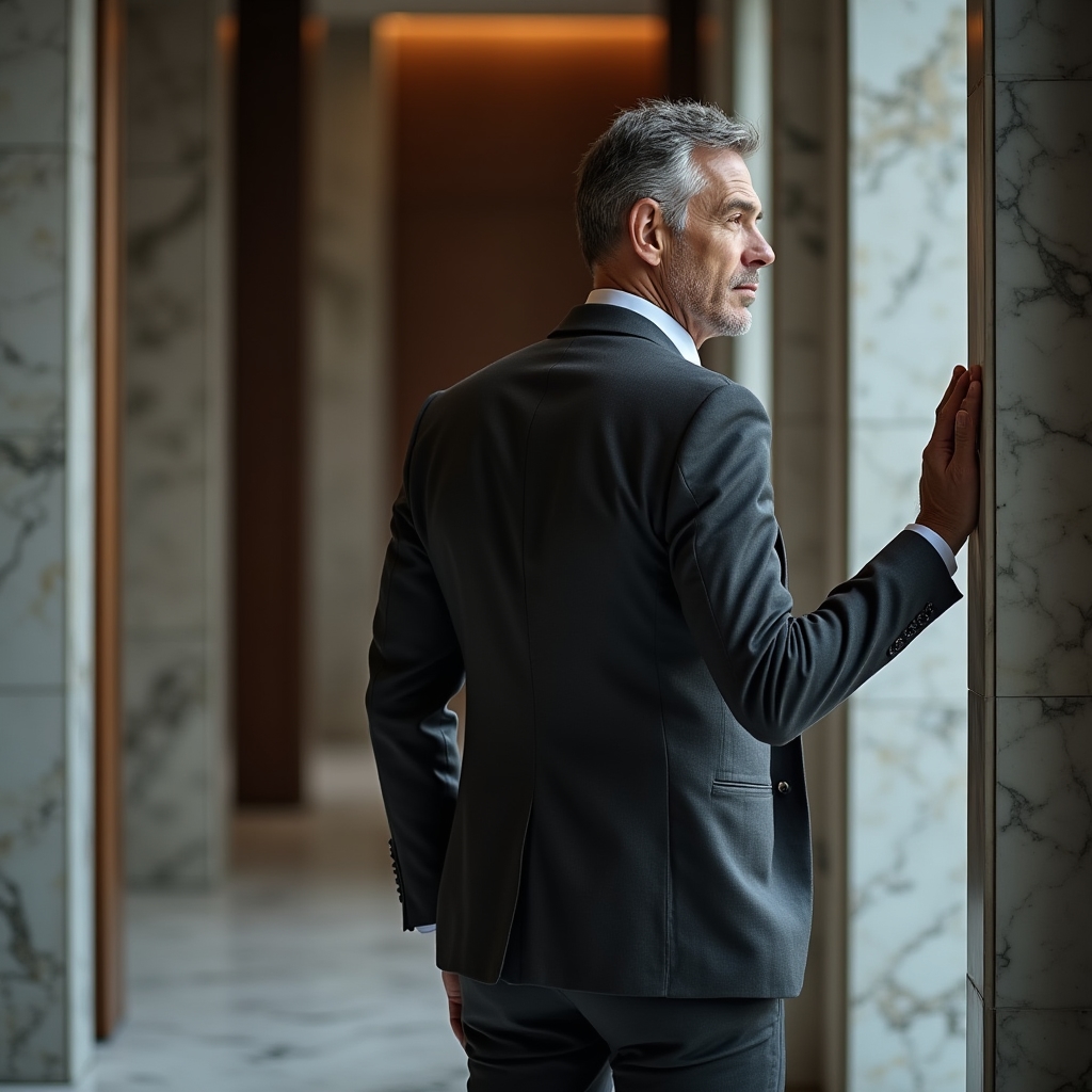 Manager in momento di riflessione durante pausa seminario, espressione pensierosa