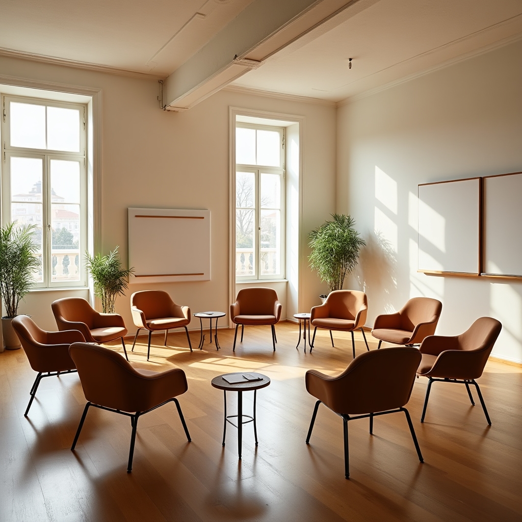 Sala formazione professionale a Rimini con tavoli disposti per workshop interattivo