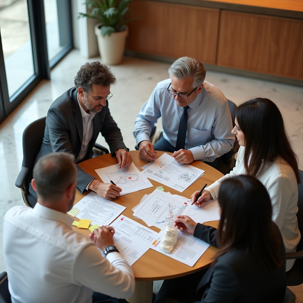 Piccolo gruppo di manager in dinamica di lavoro collaborativo durante seminario Qyxivlixhub
